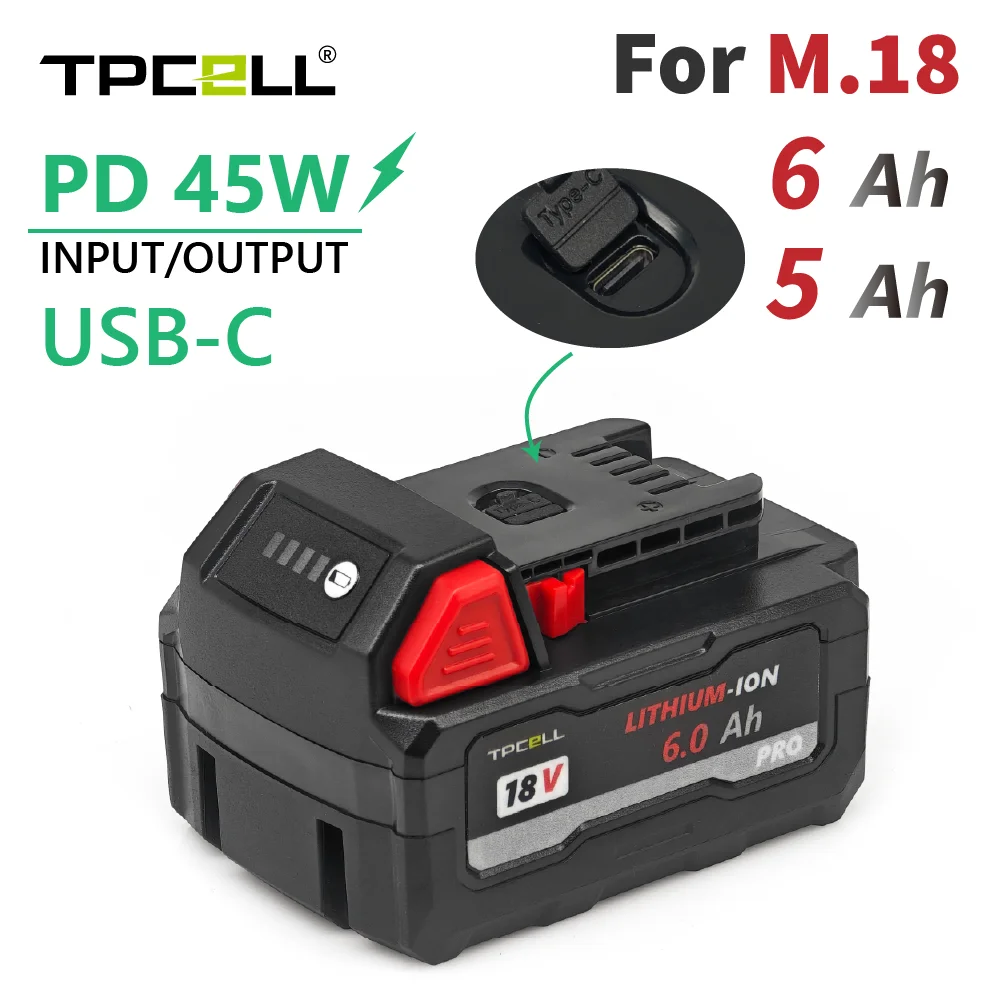 סוללת ליתיום 18V עם יציאת USB-C TPCELL PD45W 5Ah/6Ah